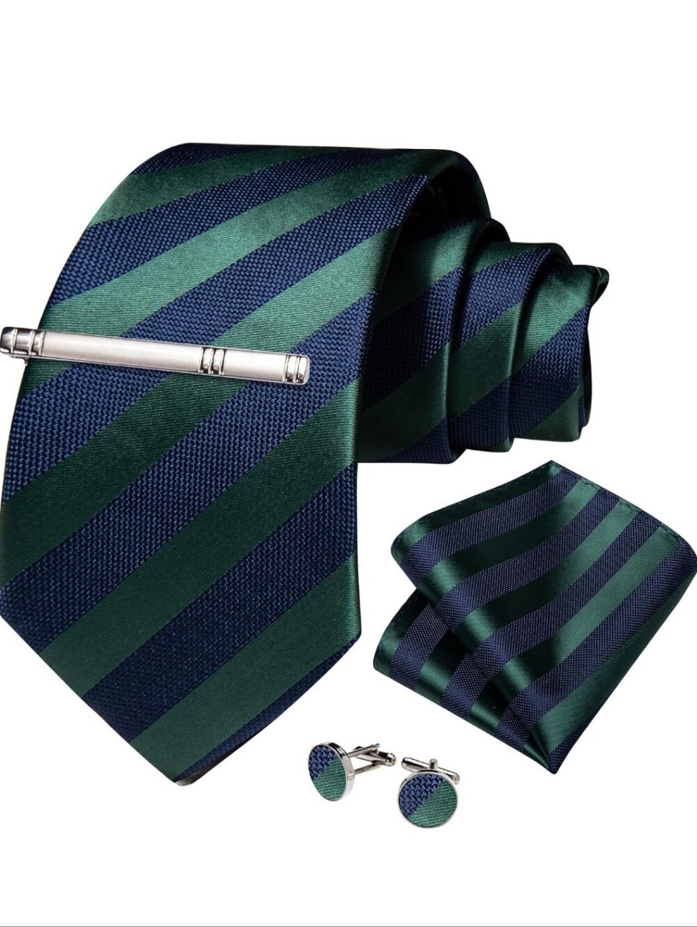 Men's Green‎ and Navy Diagonal Stripe Tie Set with Pocket Square and Cufflinks